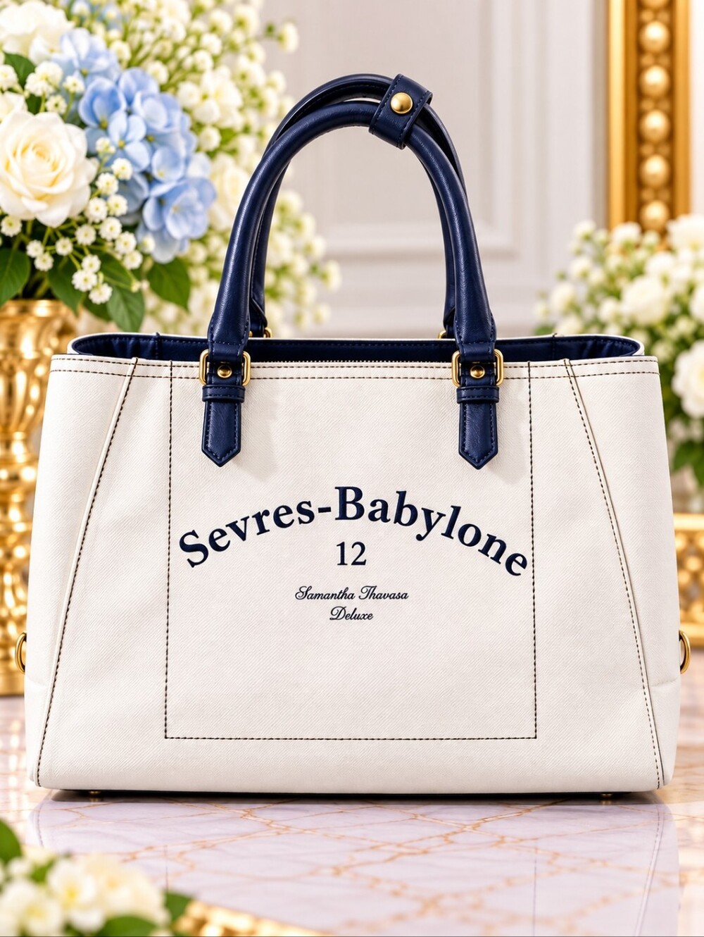 Samantha Thavasa Deluxe Sevres Babylone White Navy 2-Way Tote Shoulder Bag